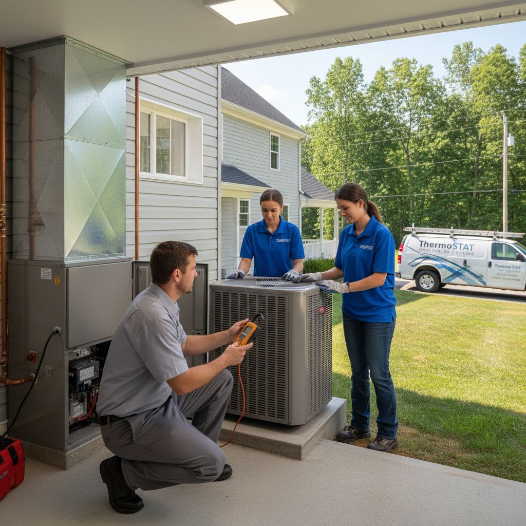 An HVAC technician inspects a furnace system in a LaFollette, TN home, ensuring efficient heating.