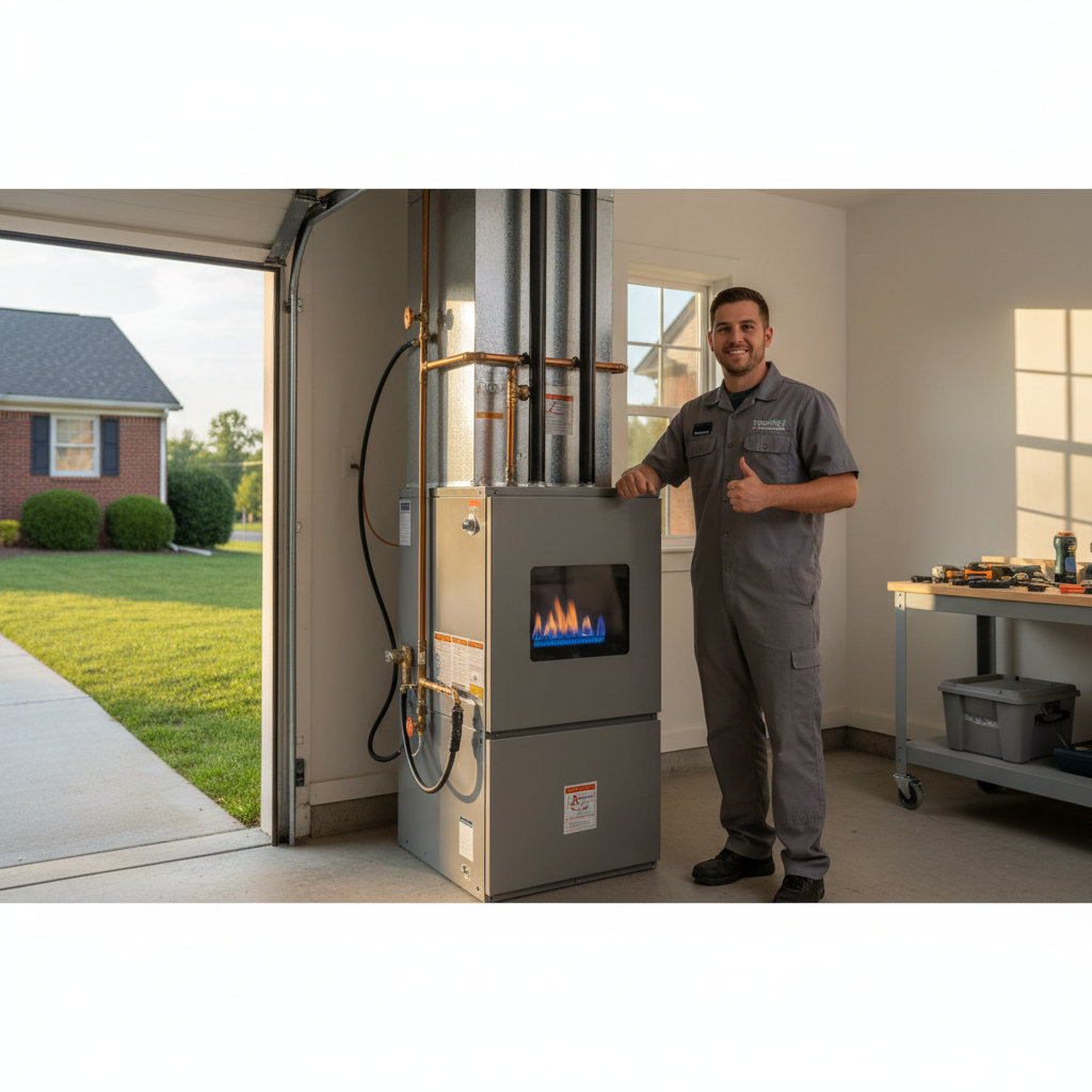 Close-up detail of components during a gas furnace repair service in Jacksboro, TN.