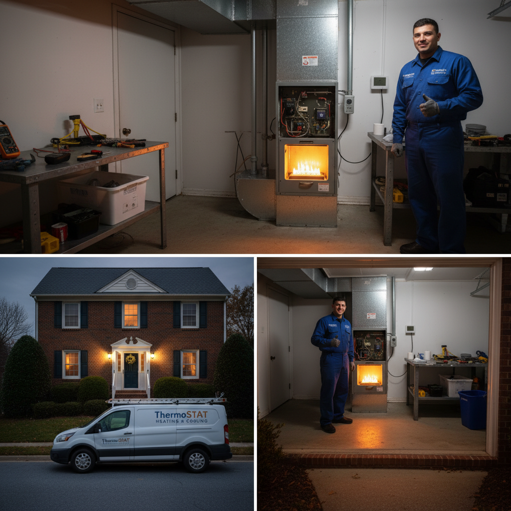 Close-up of a furnace's internal components during a 'not heating' repair service in Jacksboro, TN.