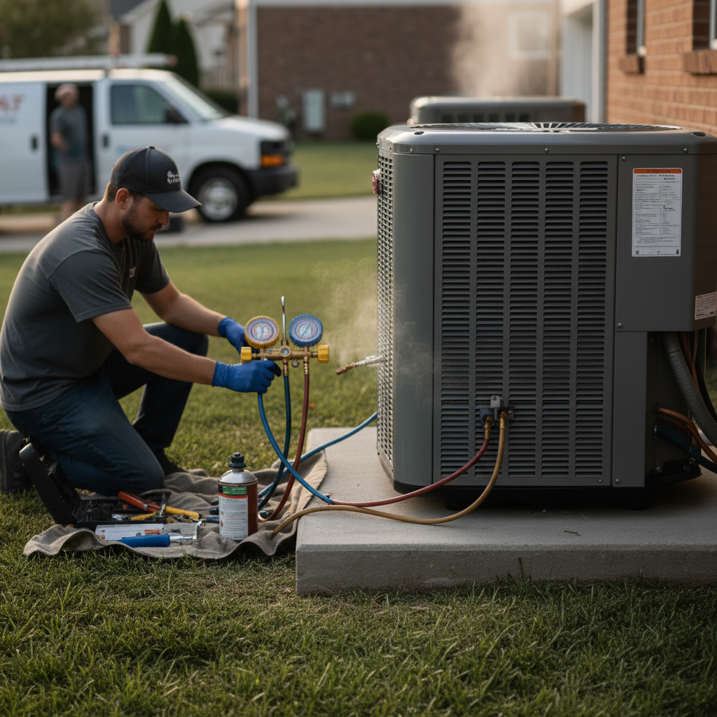 Close-up of a technician checking refrigerant levels during an AC not cooling repair in Jacksboro, TN.