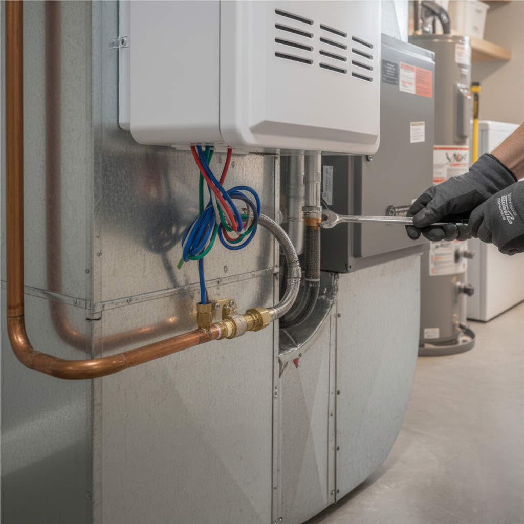 Close-up of a technician performing a whole house humidifier installation with tools in Jacksboro, TN.