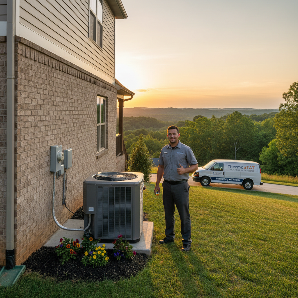 Close-up of a technician performing emergency AC repair on an outdoor unit in Jacksboro, TN.