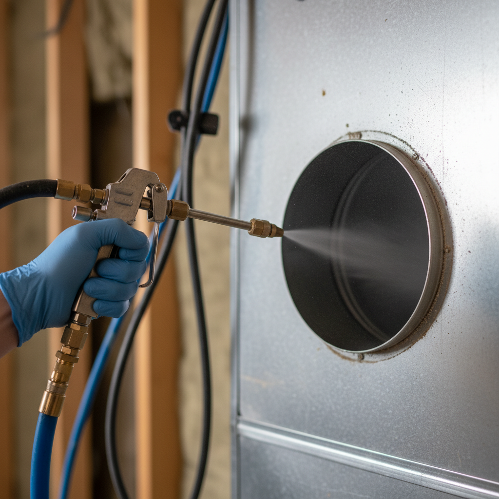 Close-up of air duct sanitizing process, ensuring clean air in Jacksboro, TN residences.