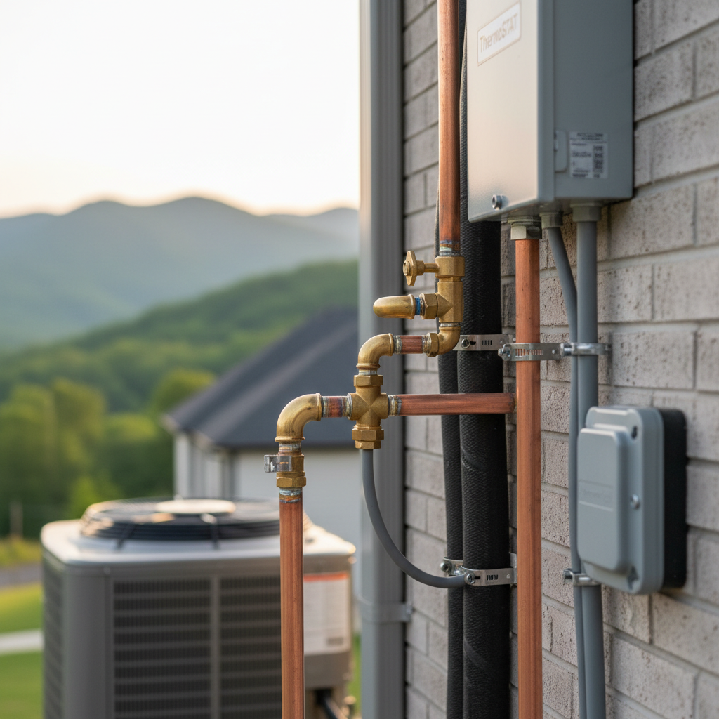 Close-up of copper piping and electrical conduit, key components of building mechanical systems in Jacksboro, TN.