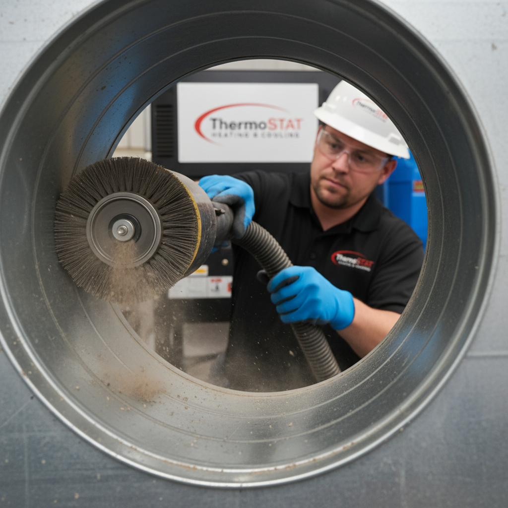 Furnace duct cleaning service van parked on a residential street in Jacksboro, TN.