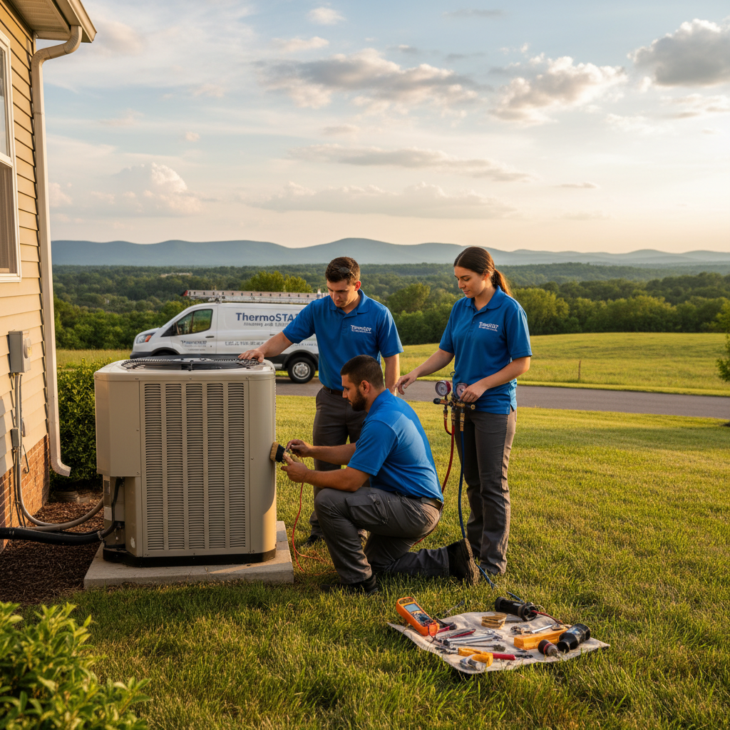HVAC service team performing maintenance on a residential system in Jacksboro, TN.