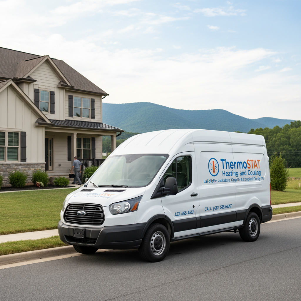HVAC service vehicle for ThermoSTAT Heating and Cooling parked in Caryville, Campbell County TN.