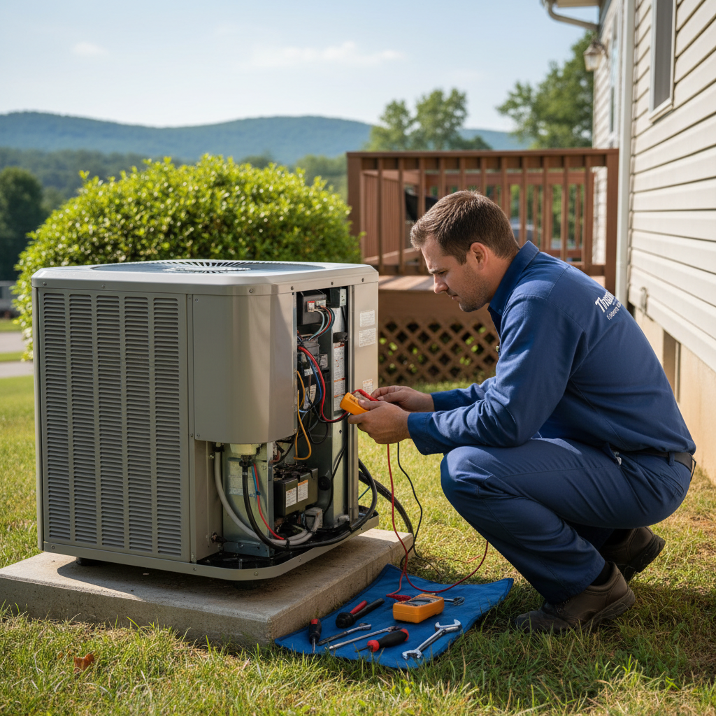 HVAC specialist performing an AC unit repair for a Jacksboro, TN residence by ThermoSTAT Heating and Cooling.