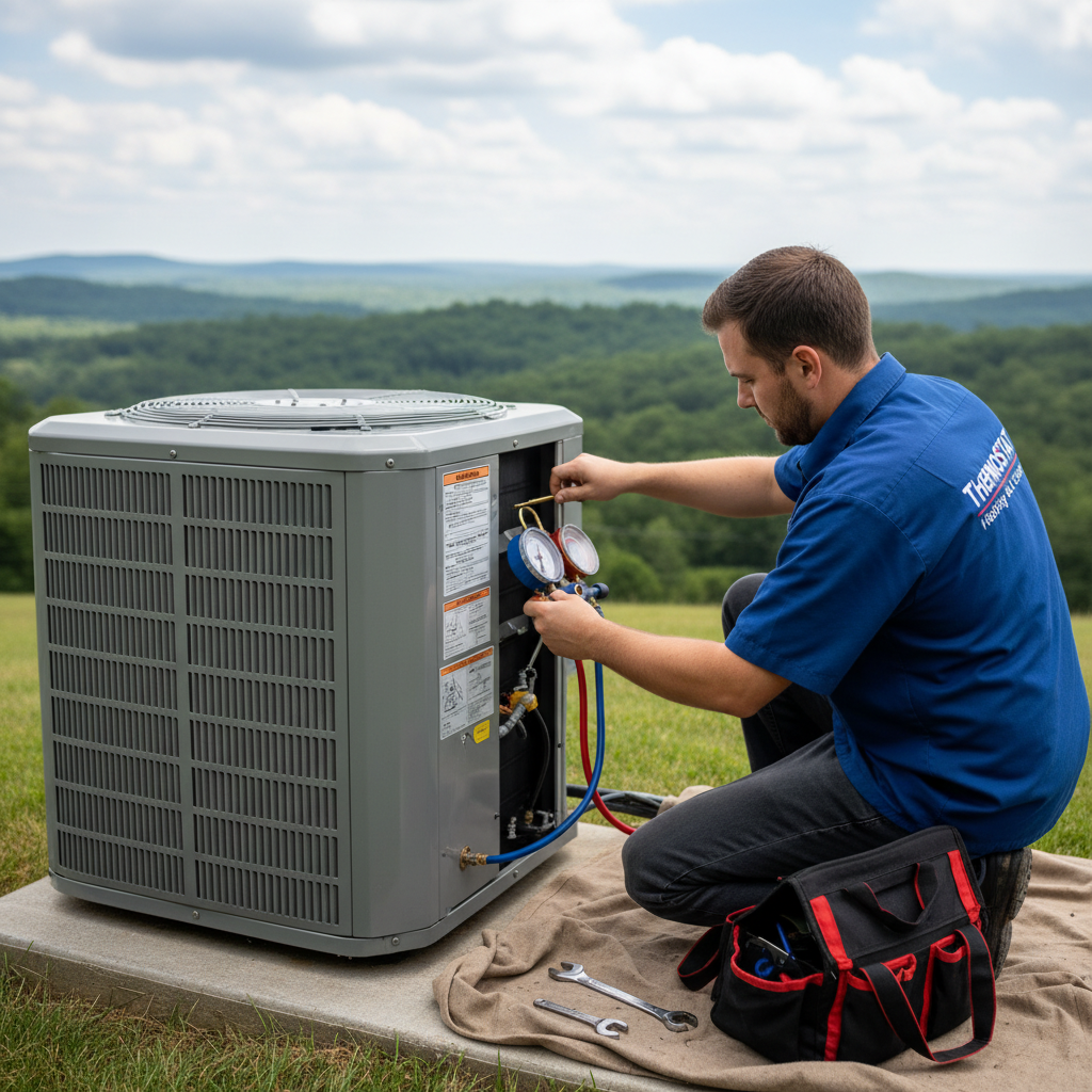 HVAC technician from ThermoSTAT Heating and Cooling checking an air conditioner in Jacksboro, TN.