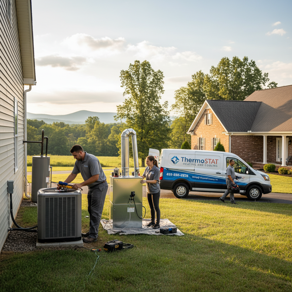 HVAC technician from ThermoSTAT inspecting a residential air conditioning unit in LaFollette, TN.