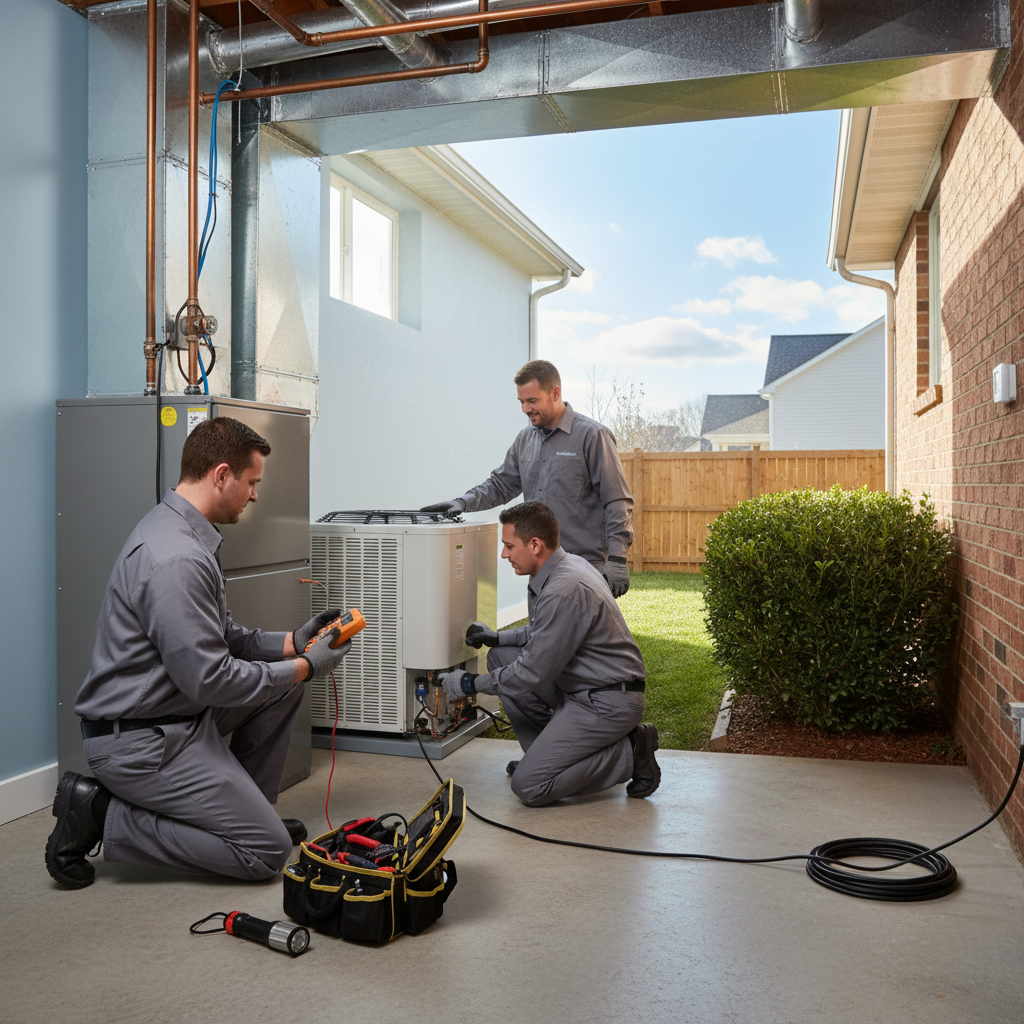 HVAC technician inspecting a furnace, ensuring optimal heating for homes in LaFollette, Jacksboro, and Campbell County TN.