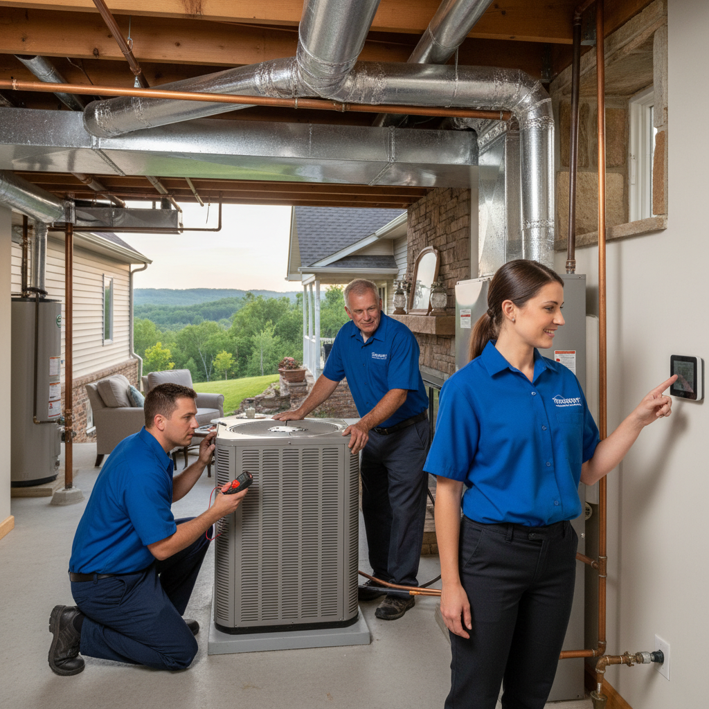 HVAC technician inspecting a furnace in a LaFollette, Jacksboro, Caryville, TN home.