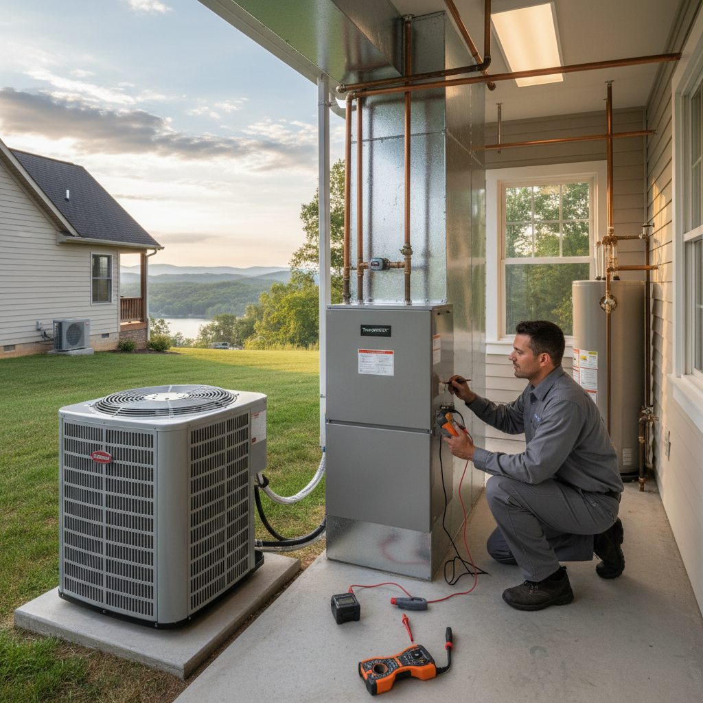 HVAC technician inspecting a furnace in a LaFollette, Jacksboro, Caryville, TN home.