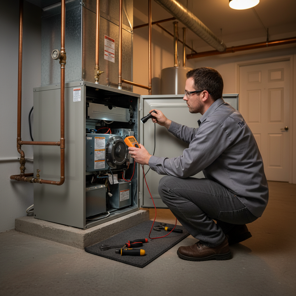 HVAC technician inspects a furnace, ensuring optimal heating for LaFollette, Jacksboro, Caryville, and Campbell County TN homes.