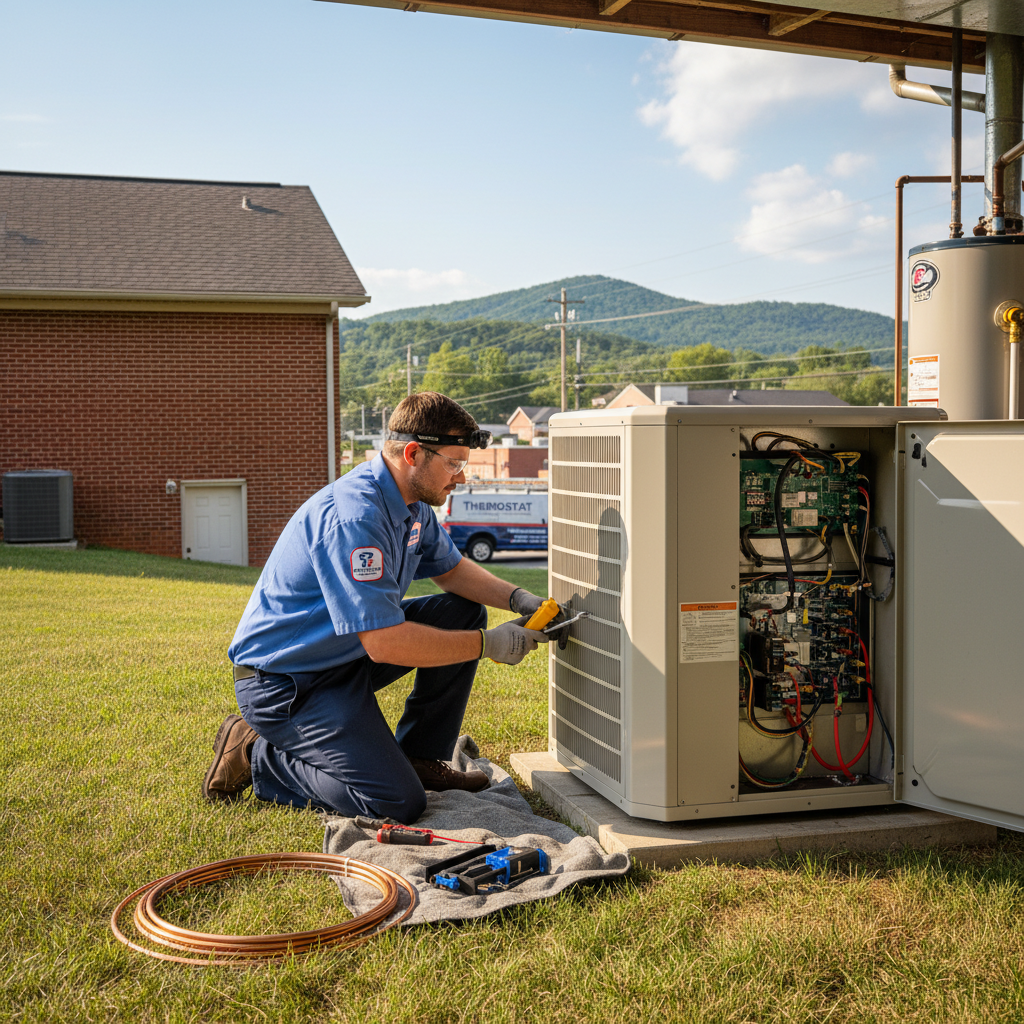 HVAC technician installing a new air conditioning unit in a LaFollette, TN home.
