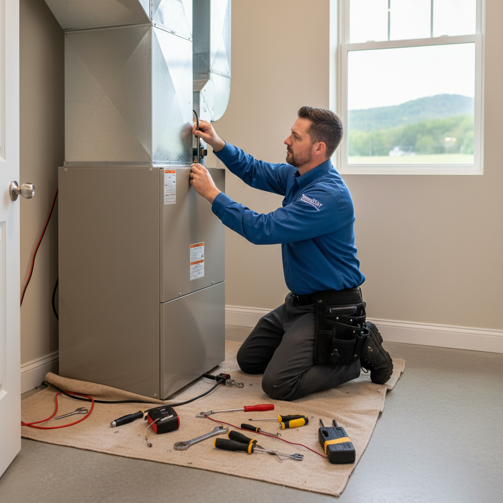 HVAC technician installing a new furnace for a customer in LaFollette, Jacksboro, Caryville, and Campbell County TN.