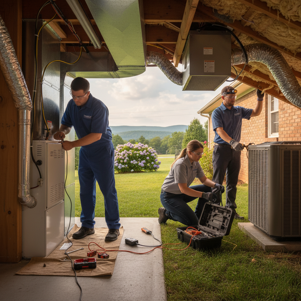 HVAC technician installing a new furnace in a LaFollette, Jacksboro, Caryville, TN home.