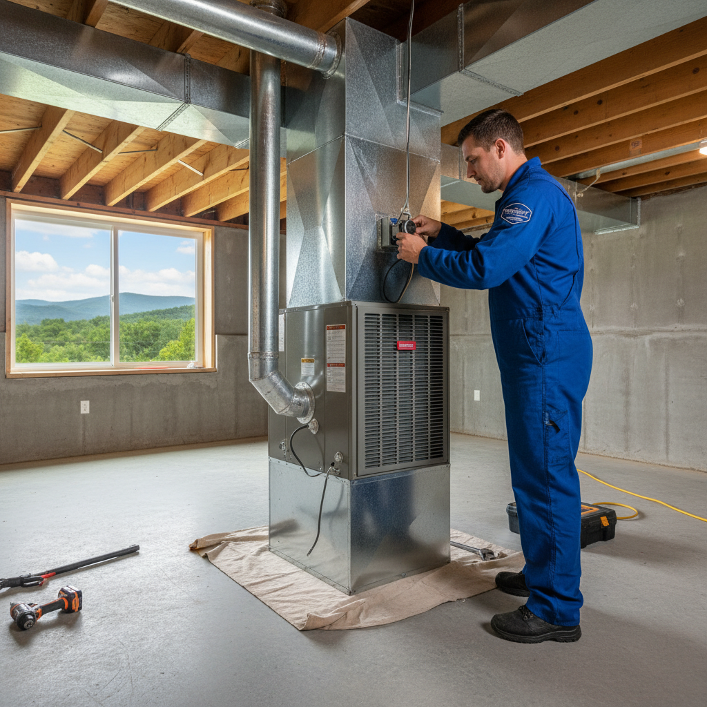 HVAC technician installing a new furnace in a LaFollette, TN home, ensuring efficient heating.
