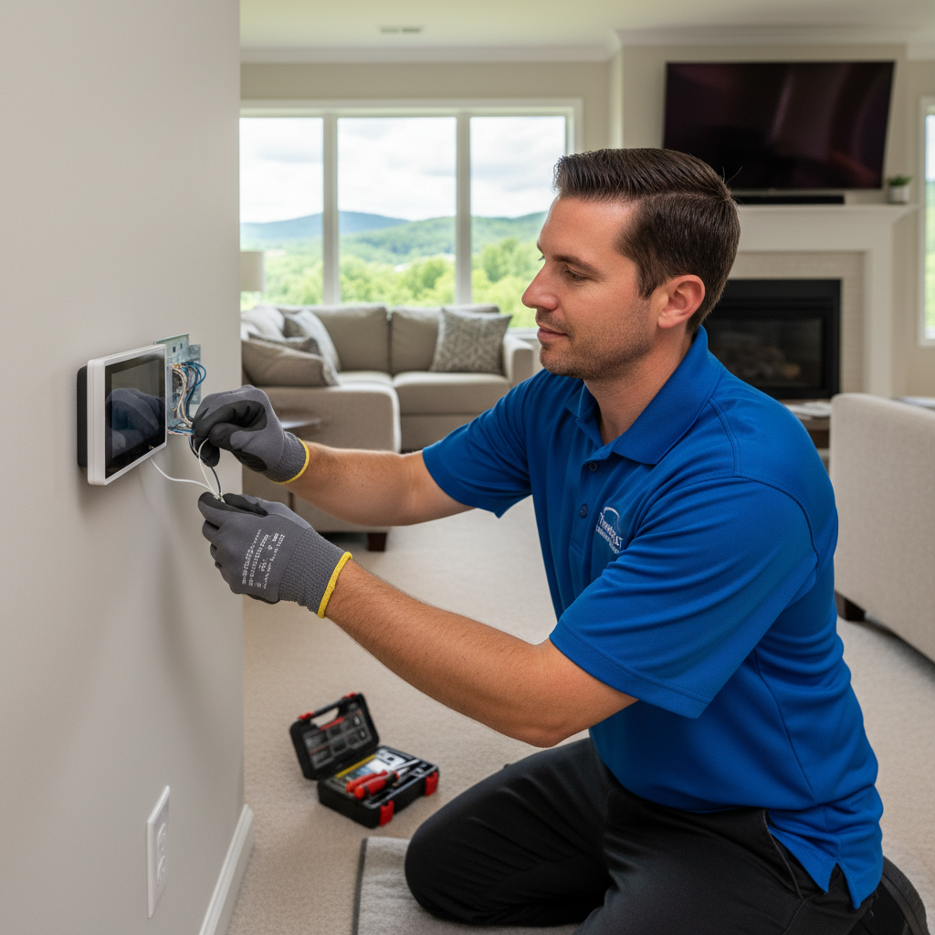 HVAC technician installing a new thermostat in a home in Caryville, Campbell County TN.