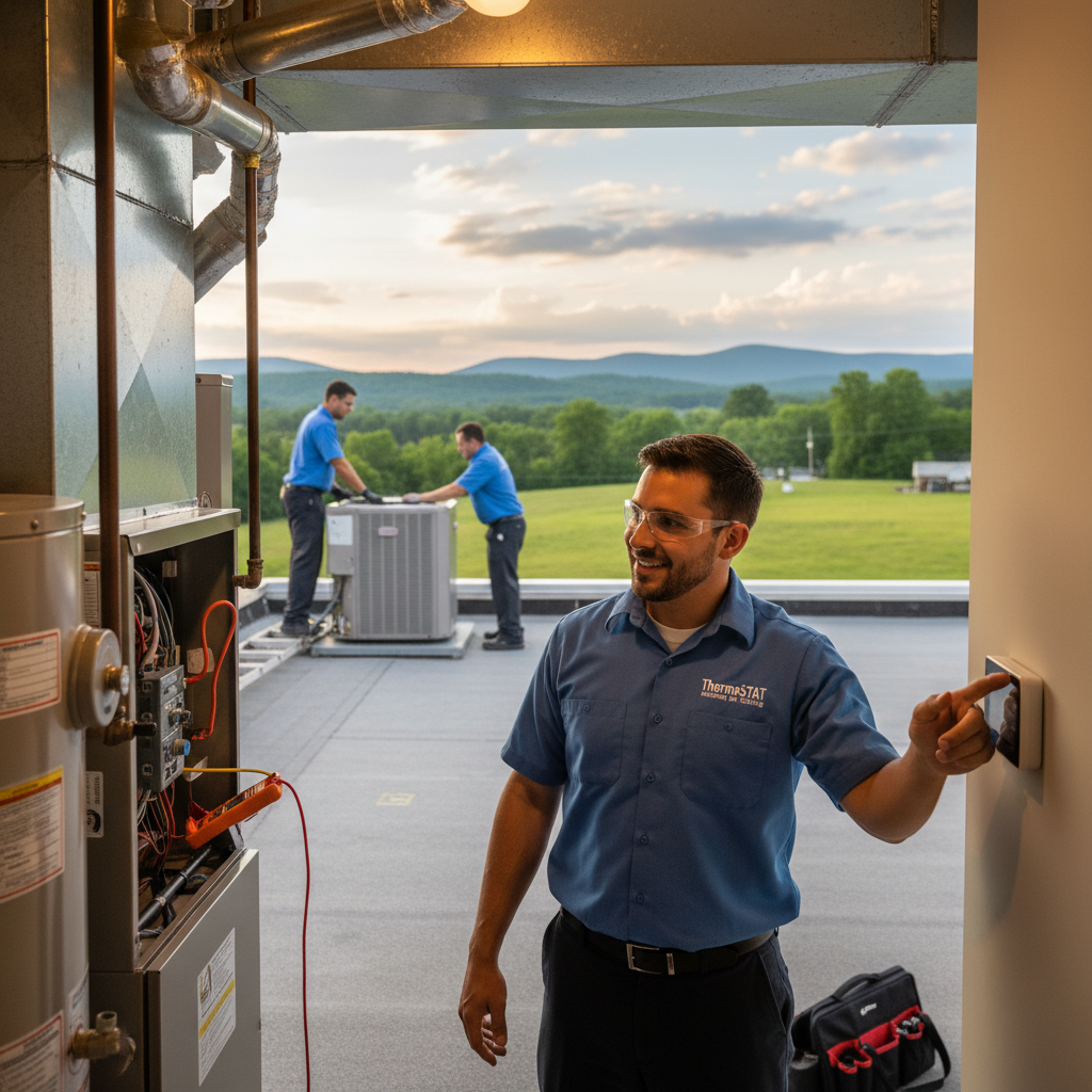 HVAC technician servicing a furnace, ensuring home comfort in LaFollette, Jacksboro, Caryville, TN.
