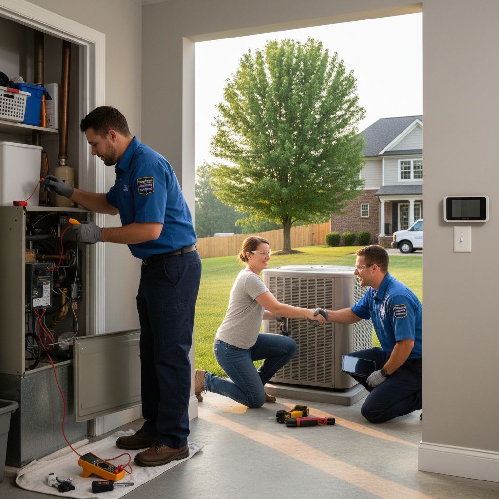 HVAC technician servicing a furnace in a LaFollette home, ensuring reliable heating and cooling.