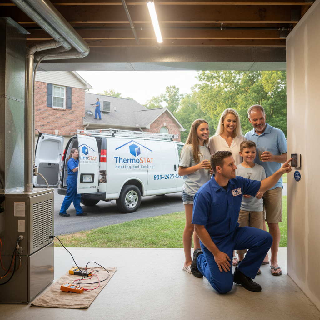 HVAC technician servicing a furnace in a LaFollette, TN home, ensuring warmth and comfort.