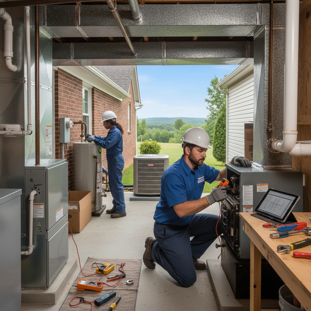 HVAC technician servicing a residential furnace in a LaFollette, Jacksboro, Caryville, TN home.