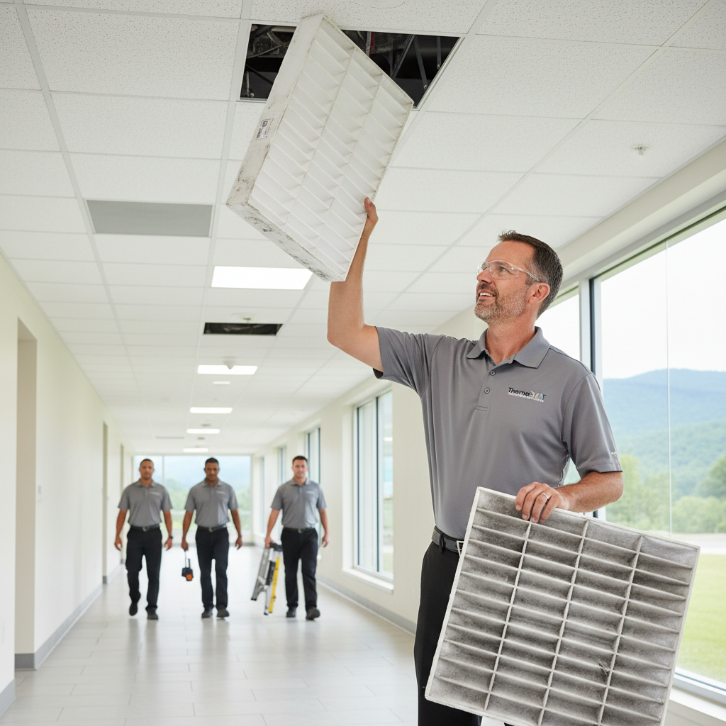 Skilled HVAC professional from ThermoSTAT replacing an air filter in a Caryville, TN commercial building.