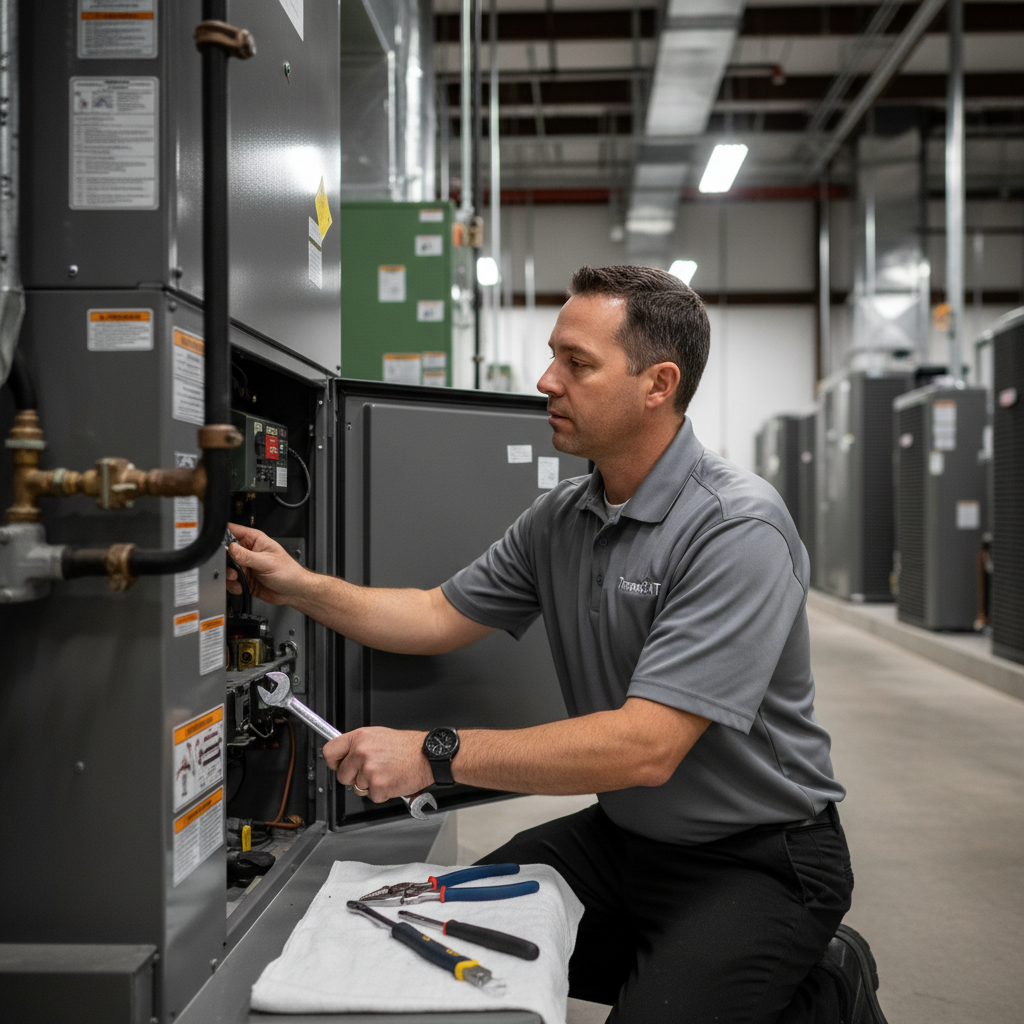 Skilled HVAC professional repairing a commercial heating system in Jacksboro, TN, providing reliable service.