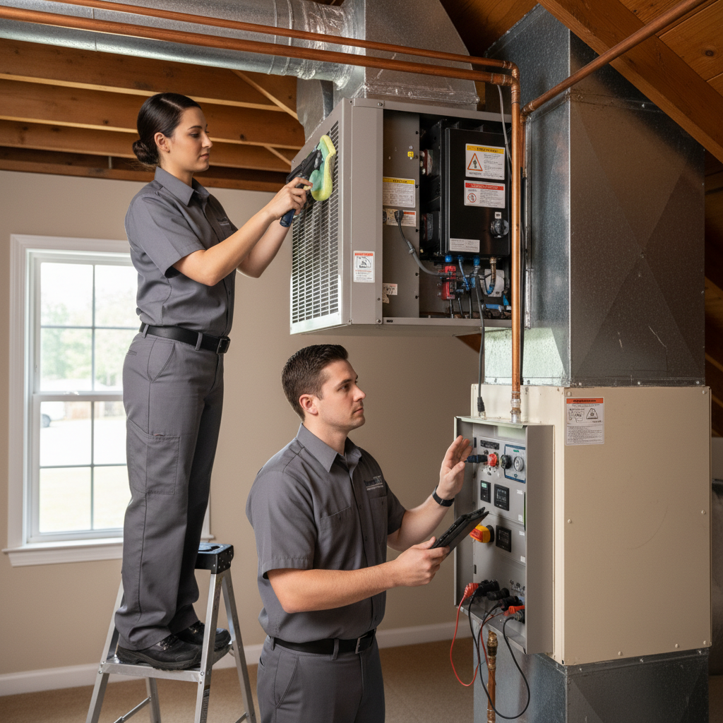 Team from ThermoSTAT Heating and Cooling performing HVAC maintenance in a Caryville, Tennessee home.