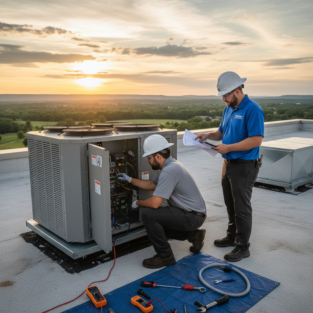 ThermoSTAT Heating and Cooling crew maintaining a commercial HVAC system in Caryville, Campbell County TN.