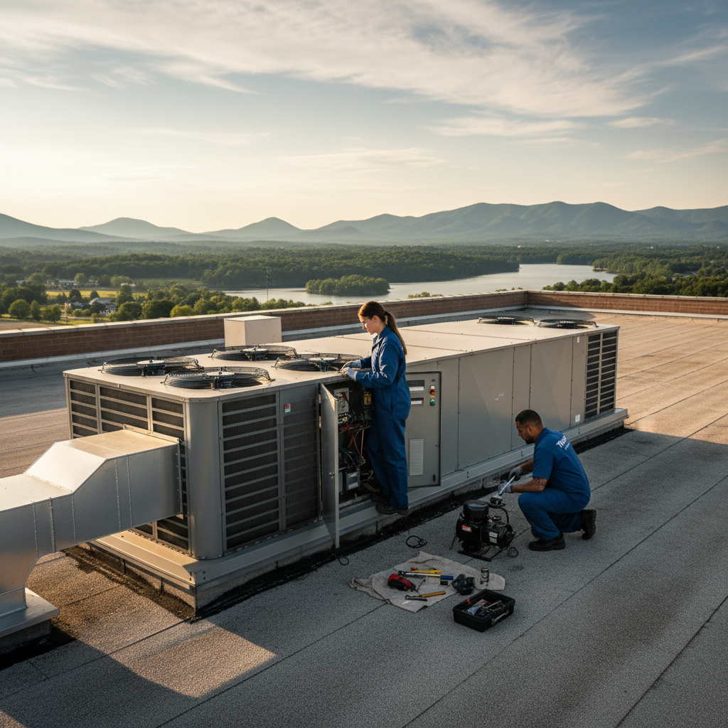ThermoSTAT Heating and Cooling crew maintaining a commercial HVAC system in Caryville, Campbell County TN.
