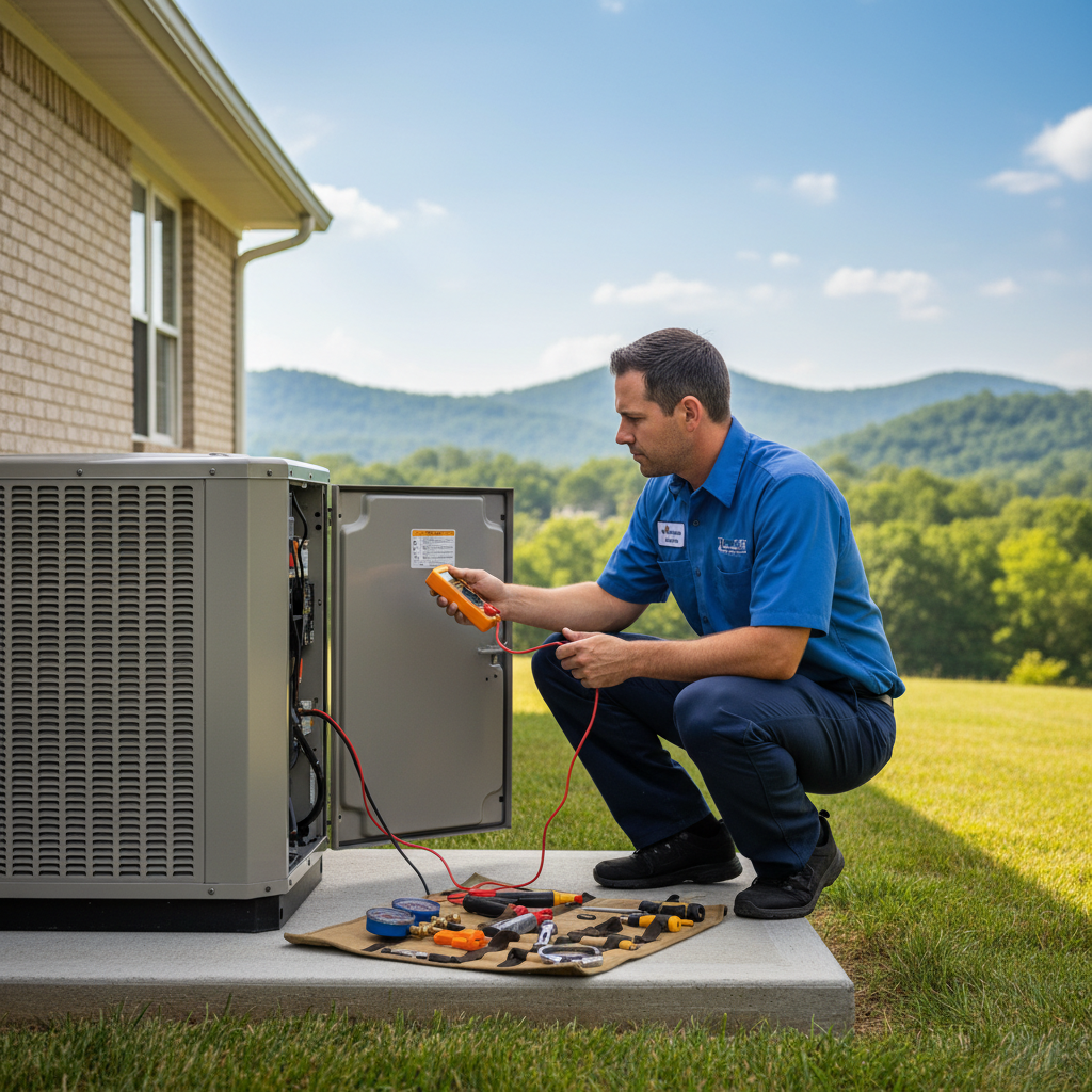 ThermoSTAT Heating and Cooling expert performing AC repair on an outdoor unit in Jacksboro, TN.