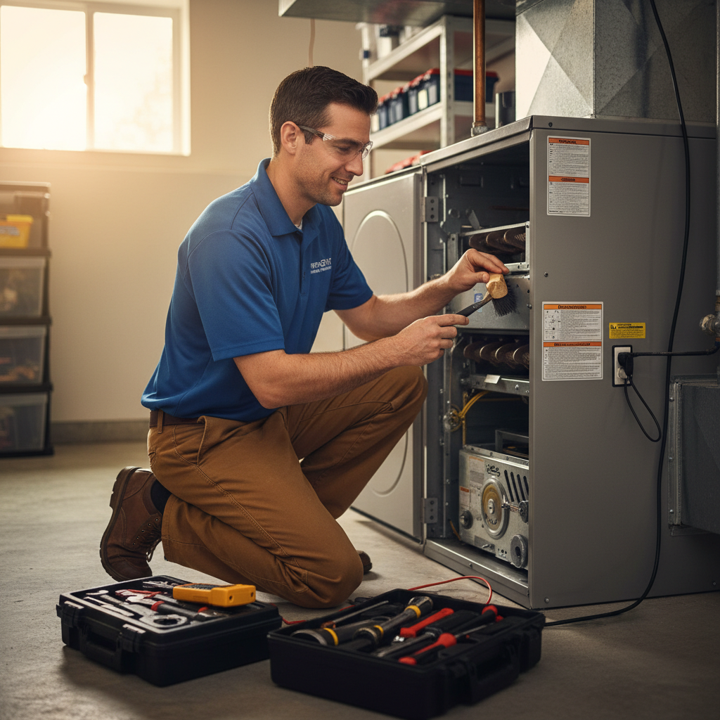 ThermoSTAT Heating and Cooling expert performing furnace maintenance in a Jacksboro, TN residence.