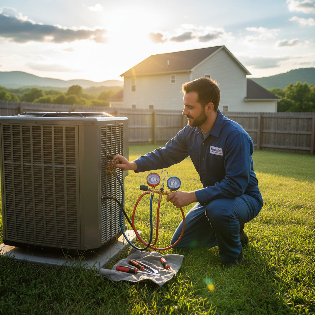 ThermoSTAT Heating and Cooling expert working on an outdoor AC unit in Jacksboro, Campbell County TN.