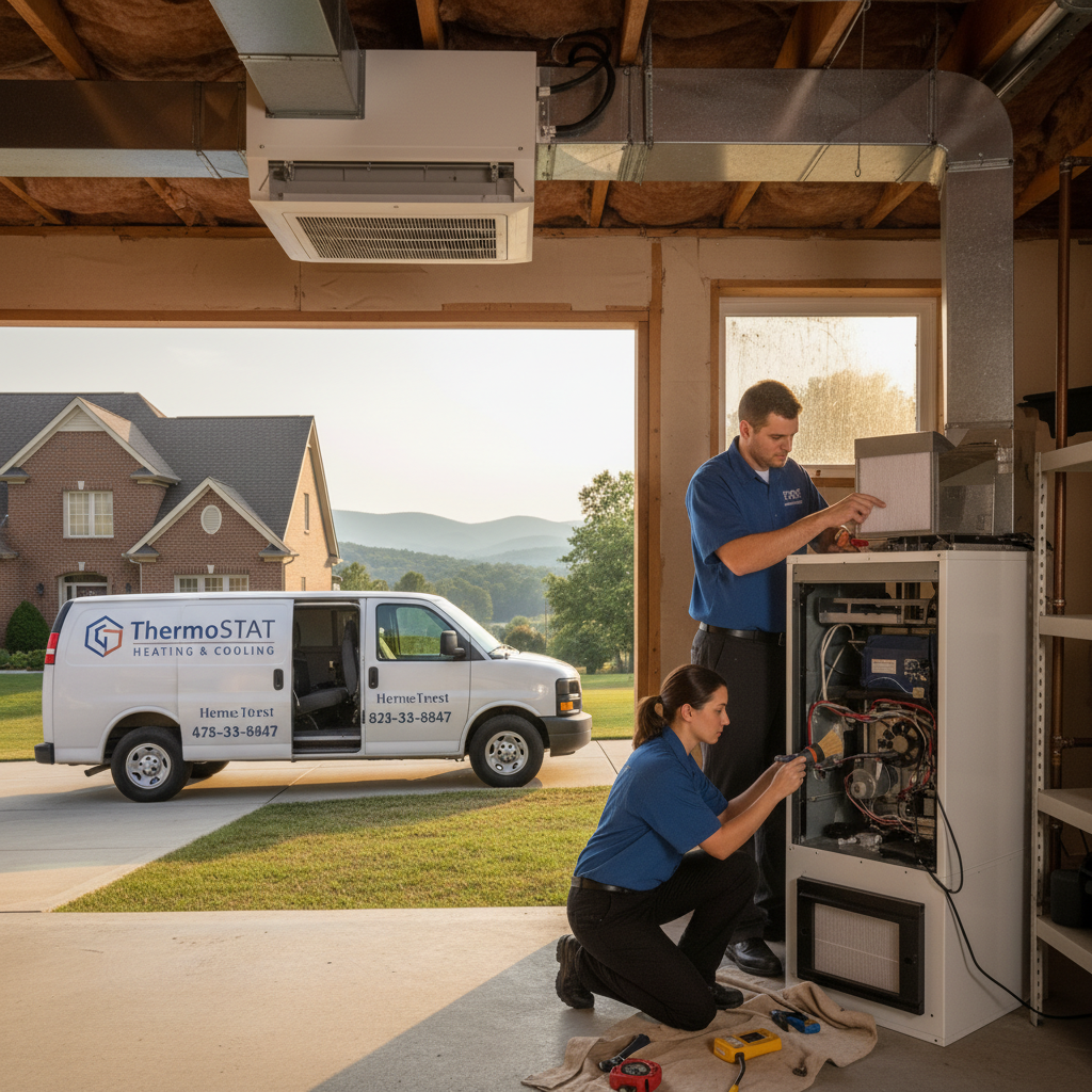 ThermoSTAT Heating and Cooling specialist maintaining a furnace in a Jacksboro, TN residence.