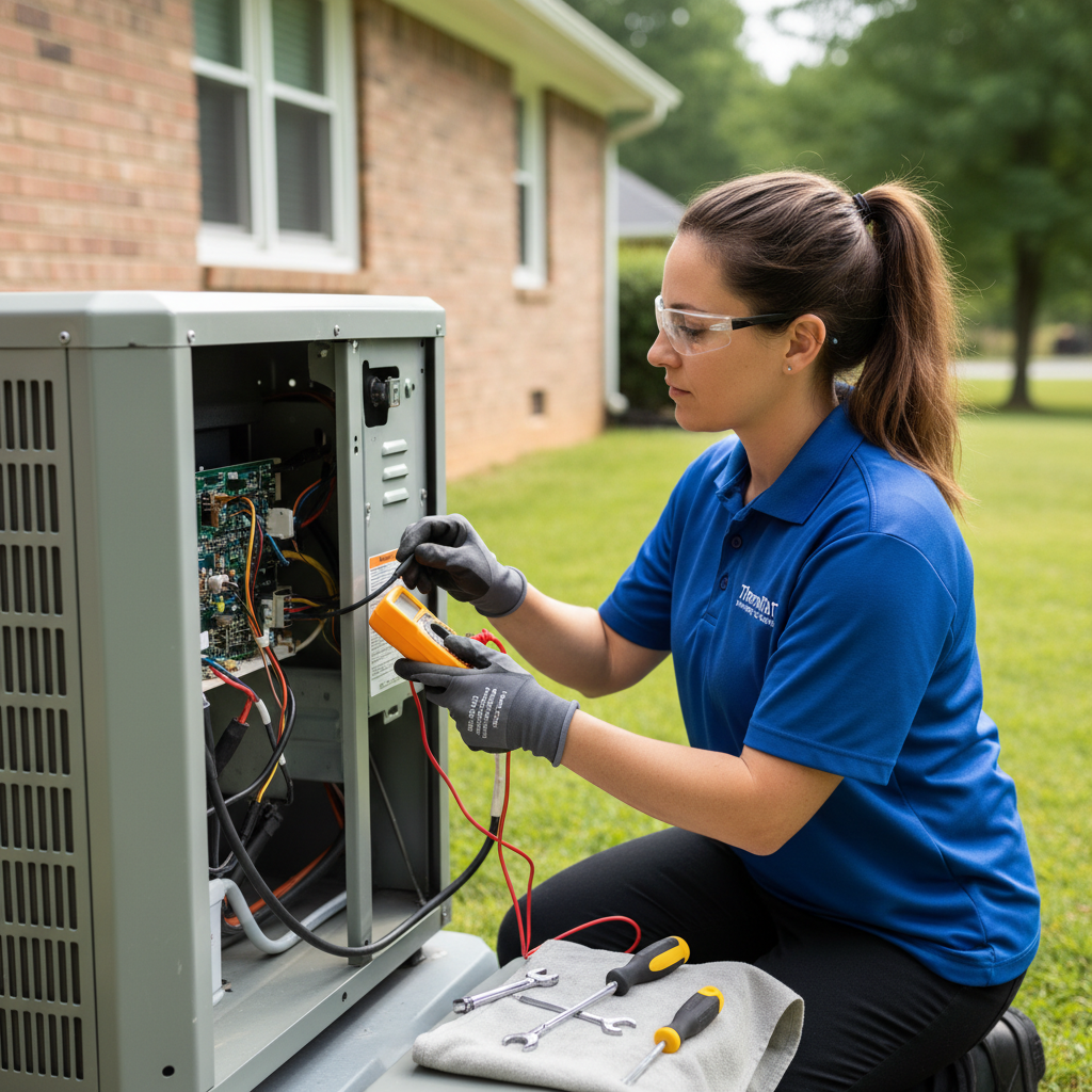 ThermoSTAT Heating and Cooling specialist performing a detailed AC repair in a Jacksboro, TN residence.