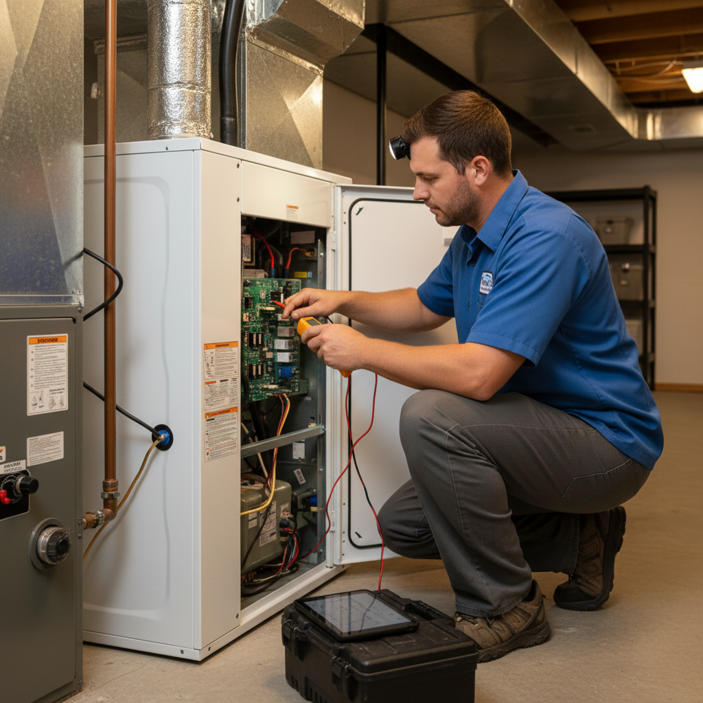 ThermoSTAT Heating and Cooling specialist working on a furnace in a Jacksboro, TN residence.