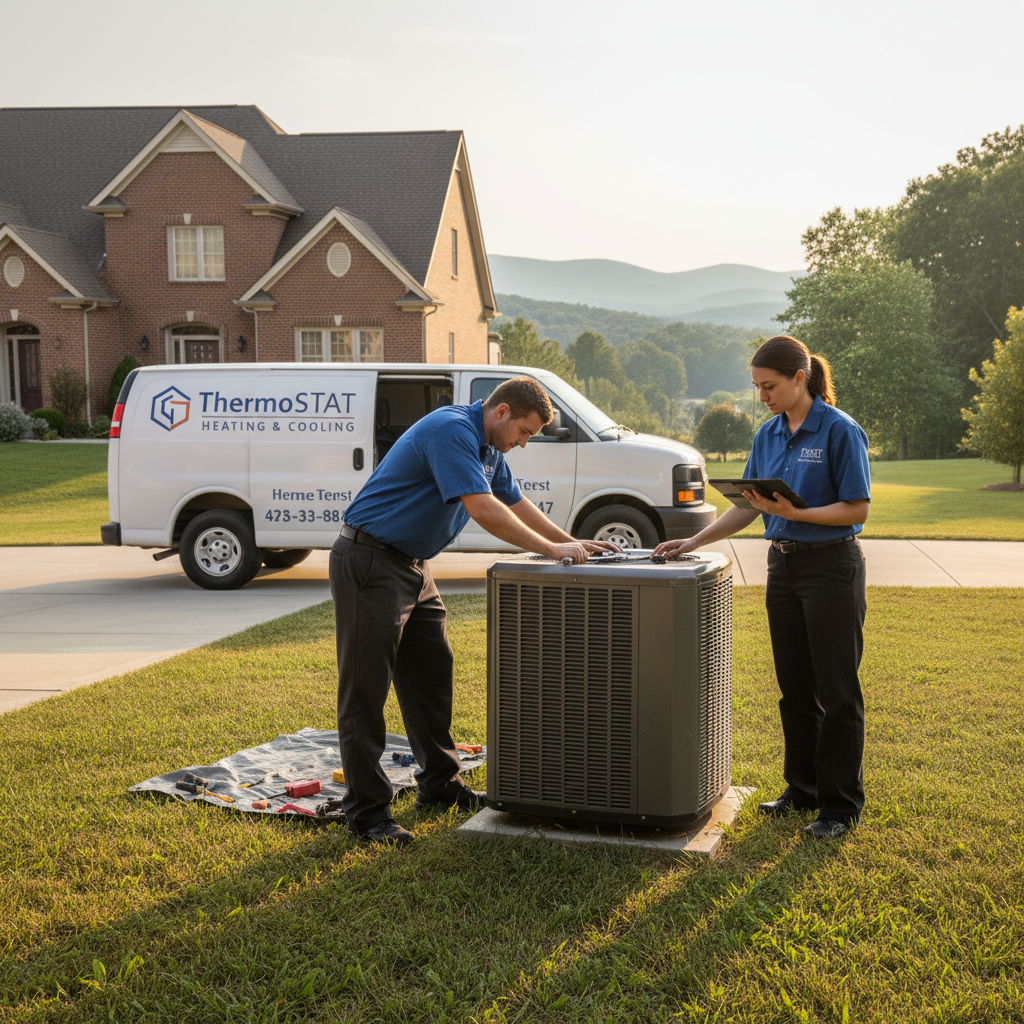 ThermoSTAT Heating and Cooling team performing AC repair for a customer in Caryville, TN.