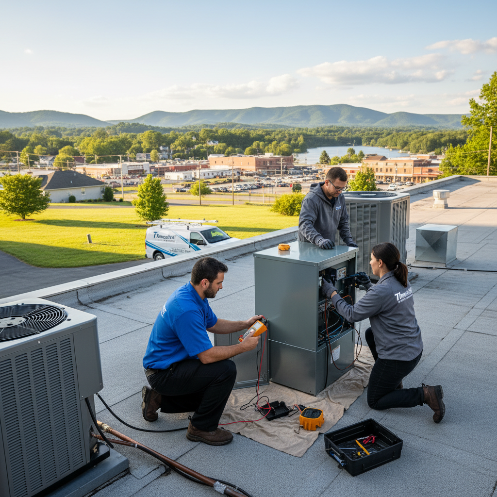 ThermoSTAT Heating and Cooling technician expertly checking an HVAC unit in a LaFollette, TN home.