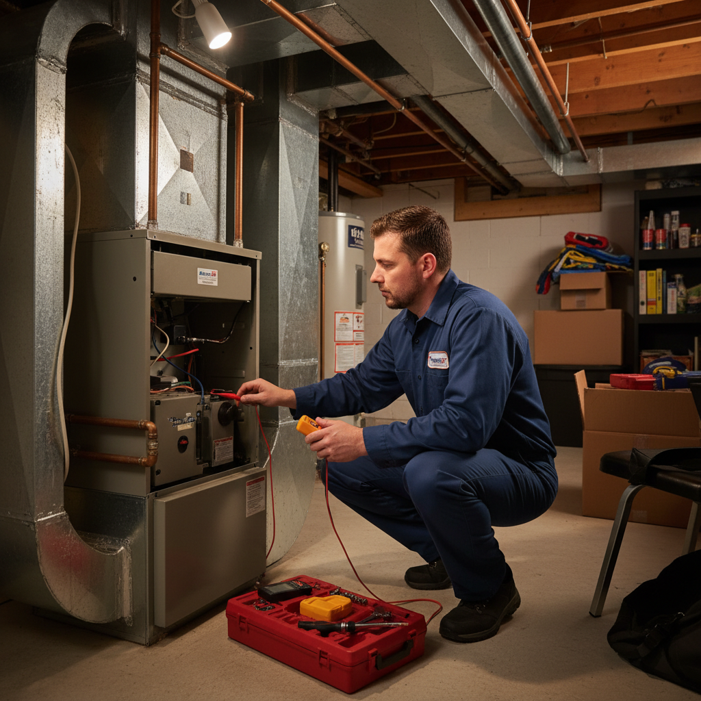 ThermoSTAT Heating and Cooling technician inspecting a furnace in a LaFollette, TN home.
