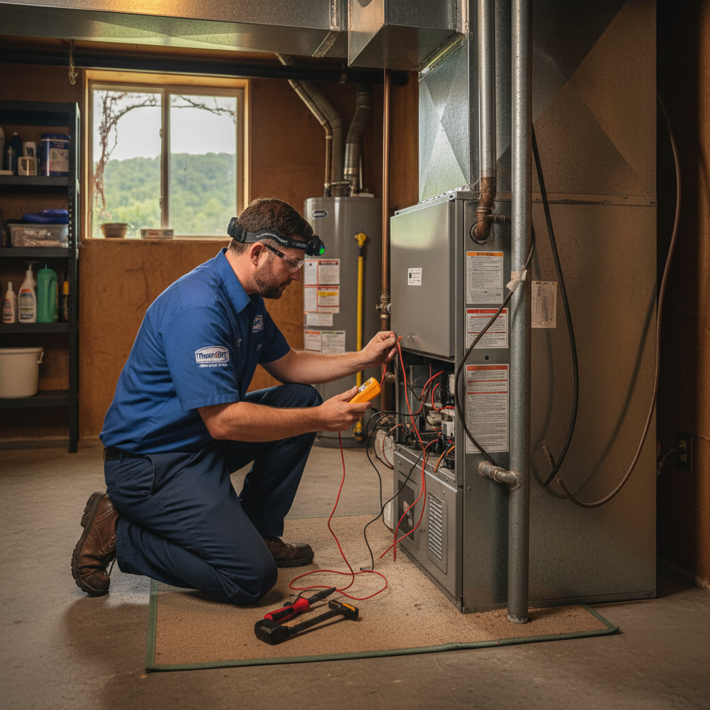 ThermoSTAT Heating and Cooling technician inspecting a furnace in a LaFollette, TN home.
