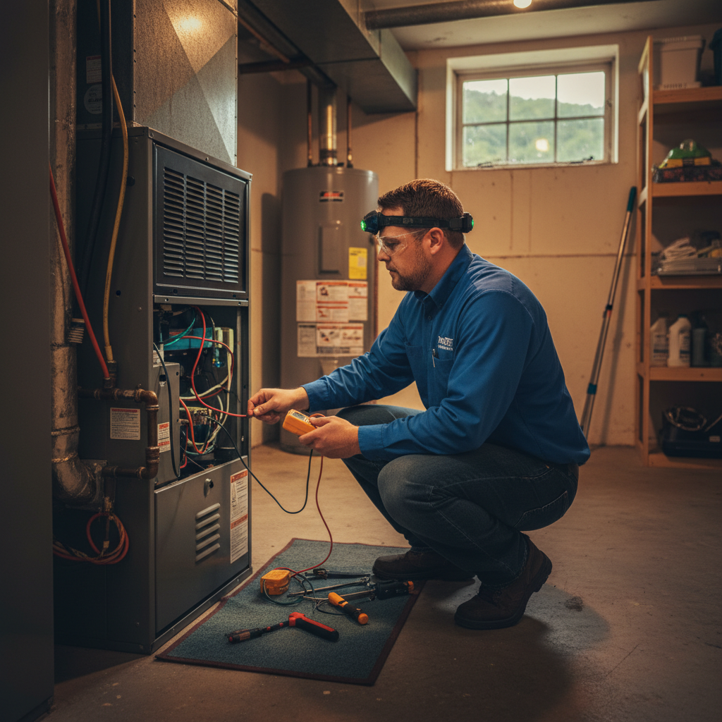 ThermoSTAT Heating and Cooling technician inspecting a furnace in a LaFollette, TN home.