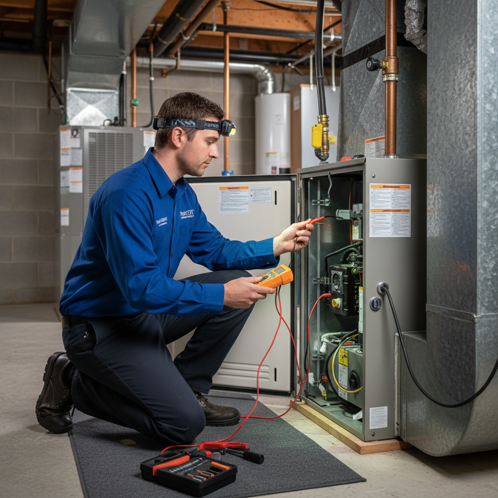 ThermoSTAT Heating and Cooling technician inspecting a furnace in a LaFollette, TN home.