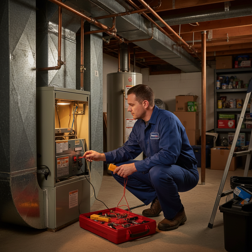 ThermoSTAT Heating and Cooling technician inspecting a furnace in a LaFollette, TN home.