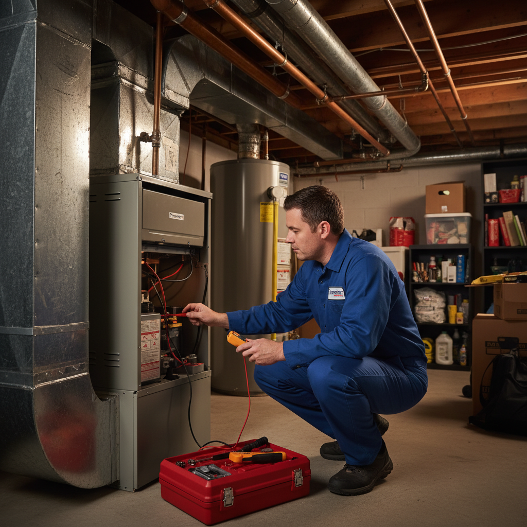 ThermoSTAT Heating and Cooling technician inspecting a furnace in a LaFollette, TN home.