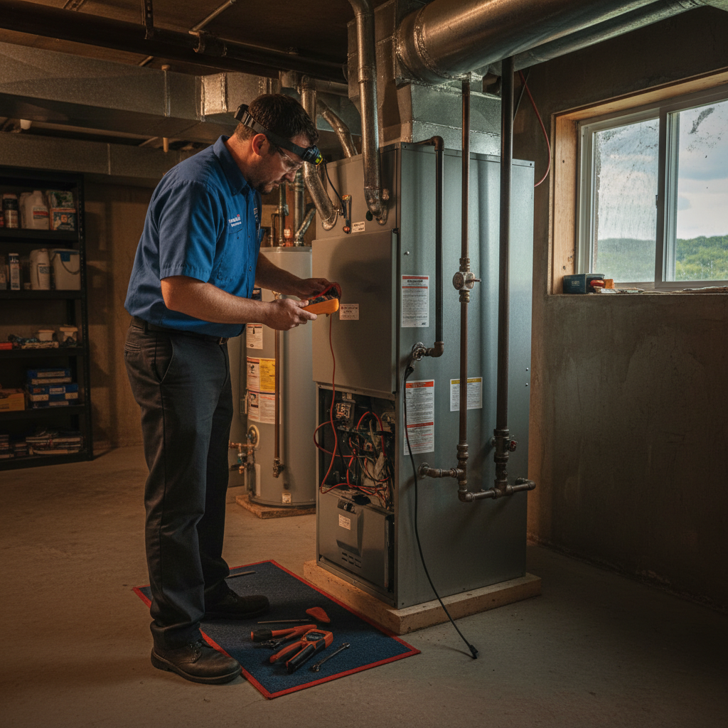 ThermoSTAT Heating and Cooling technician inspecting a furnace in a LaFollette, TN home.