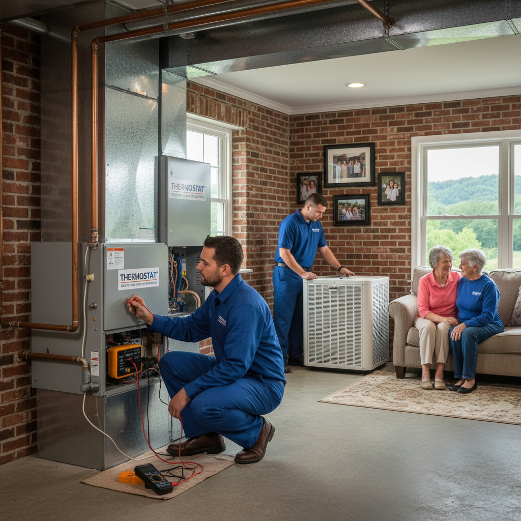 ThermoSTAT Heating and Cooling technician inspecting a furnace in a LaFollette, Jacksboro, Caryville, TN home.