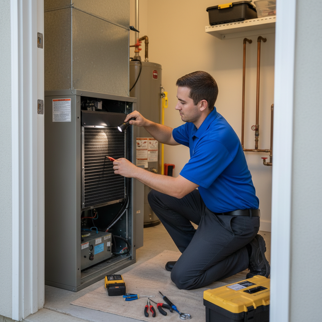 ThermoSTAT Heating and Cooling technician inspecting a furnace in a Jacksboro, TN home's utility room.
