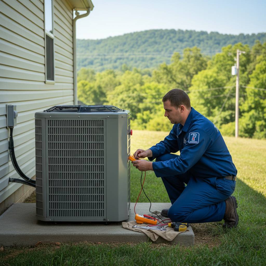 ThermoSTAT Heating and Cooling technician inspecting an outdoor AC unit in Campbell County, TN.